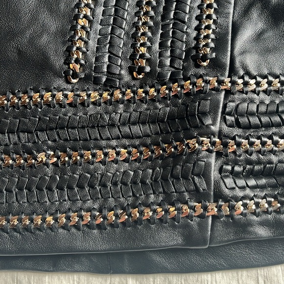 Alice + Olivia Leather Skirt Black "Jaya" Gold Chain Trim Accents Mini Skirt  0 - Picture 3 of 16